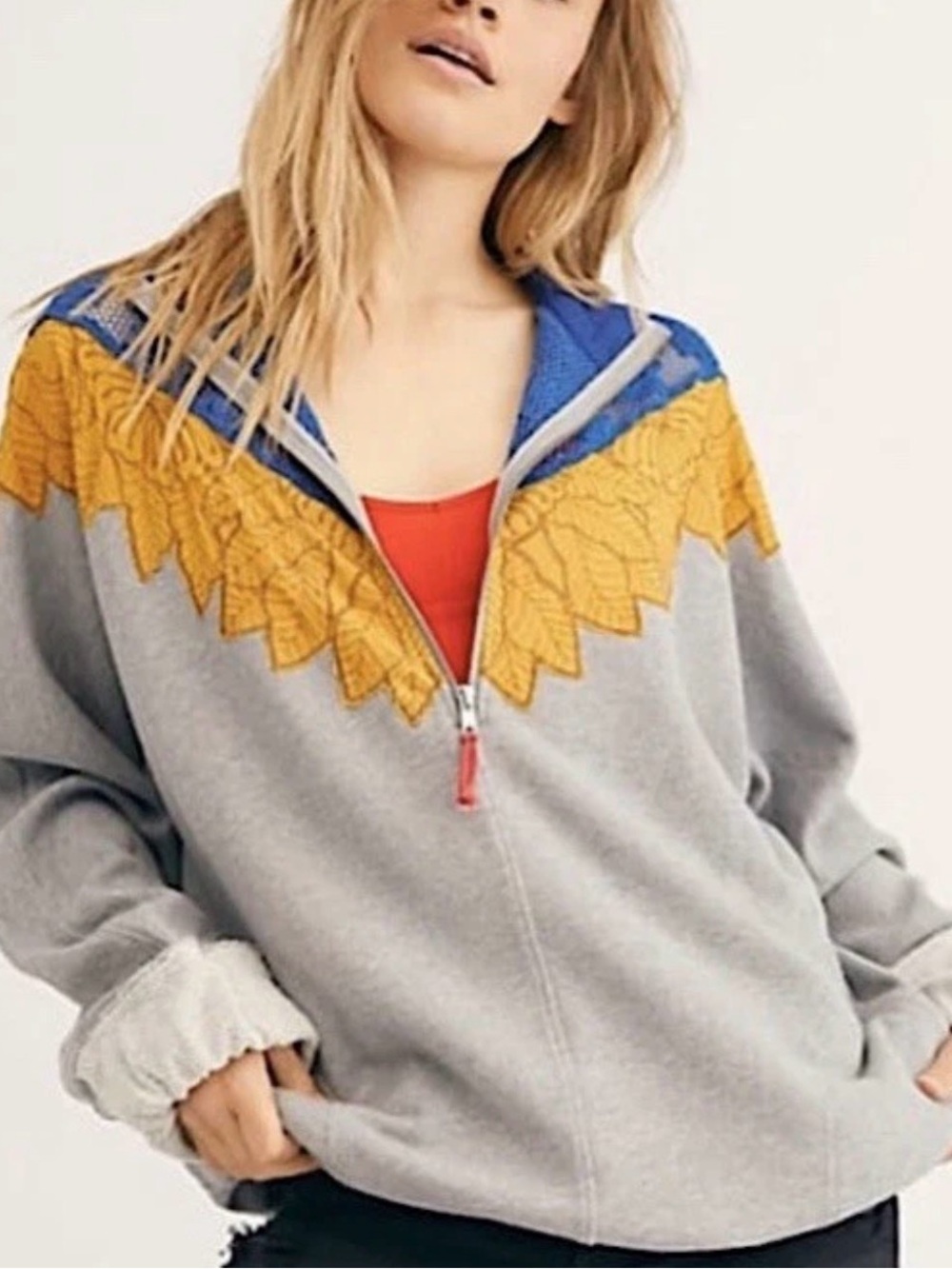 Free People Isla Pullover Oversized Sweatshirt Crochet Zip Grey-Boho-XS
